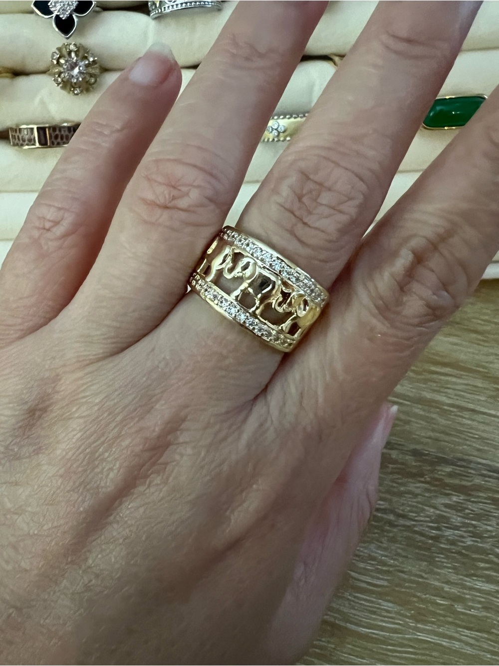 Gold Elephant Parade Wide Band Ring Size 7 / UK O – Pavé CZ Statement